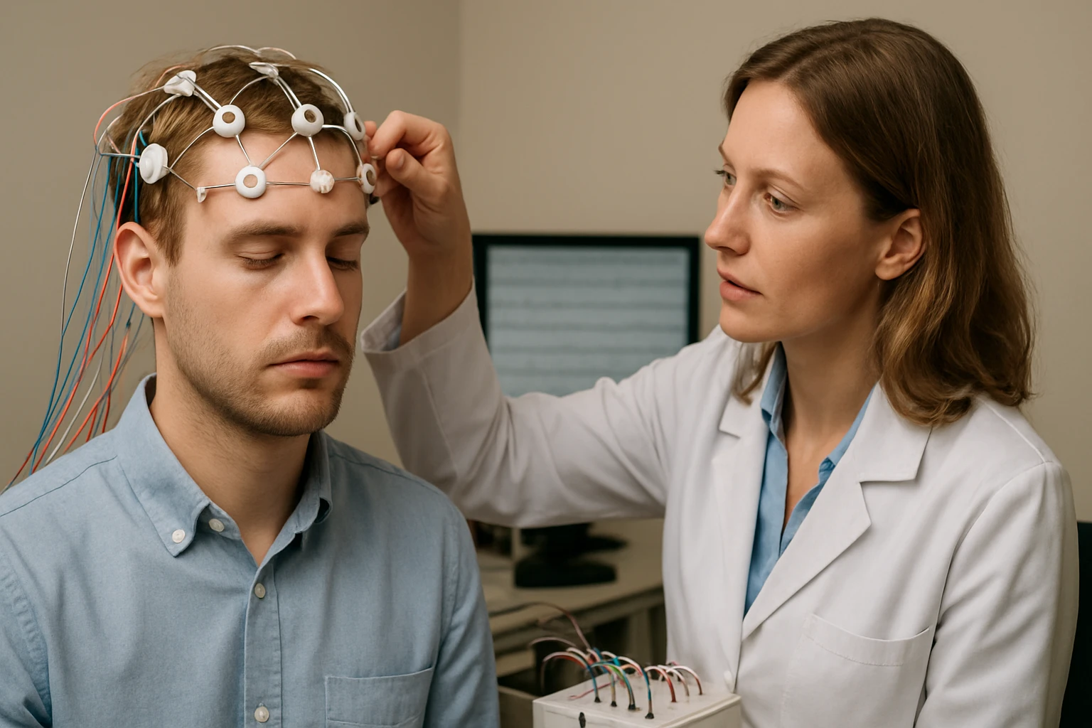 Egy férfi EEG vizsgálaton vesz részt, miközben egy női szakember beállítja az elektródákat.