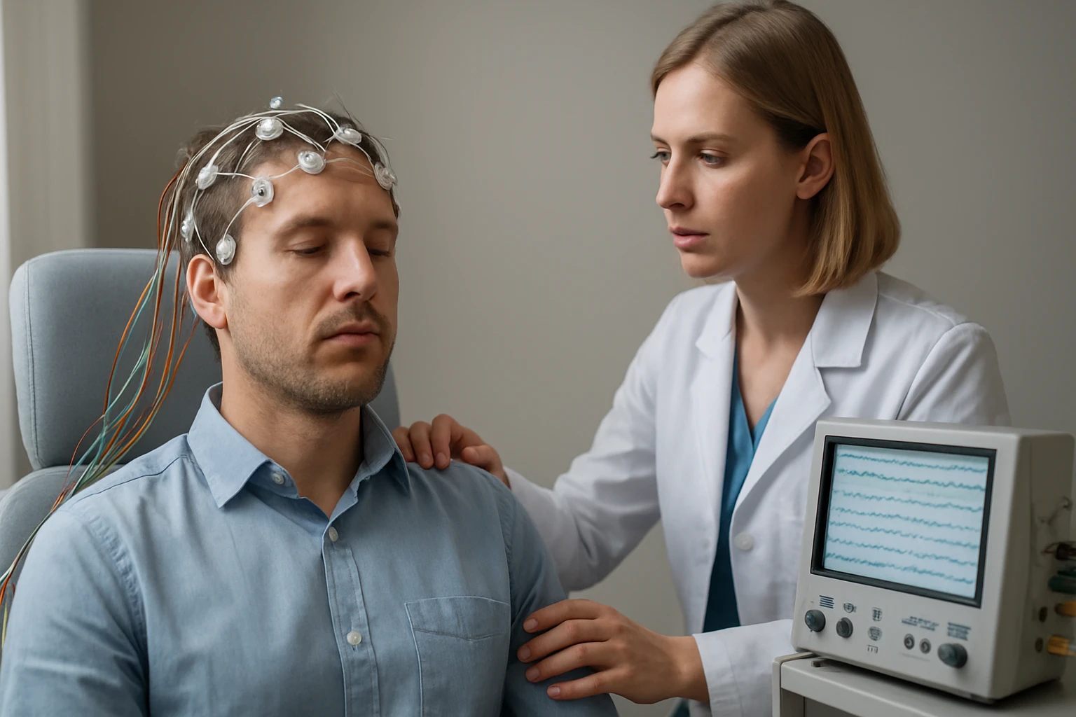 Egy férfi EEG vizsgálaton ül, fején elektródák, mellette egy női orvos.