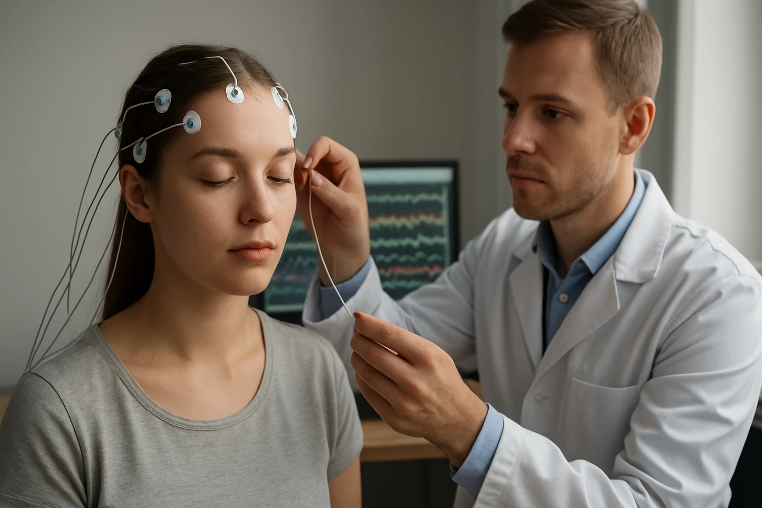 Egy orvos EEG vizsgálatot végez egy fiatal nőn, aki nyugodtan ül.