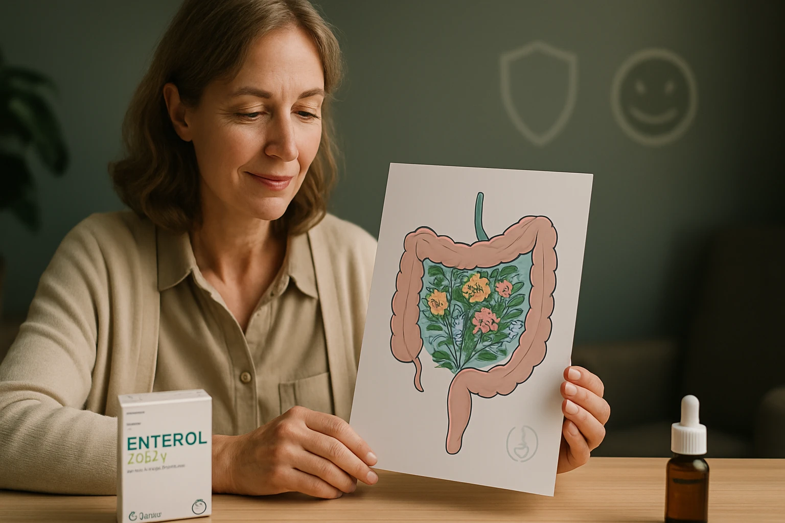 Egy nő egy illusztrált bélrendszert tart a kezében, mellette probiotikumok.