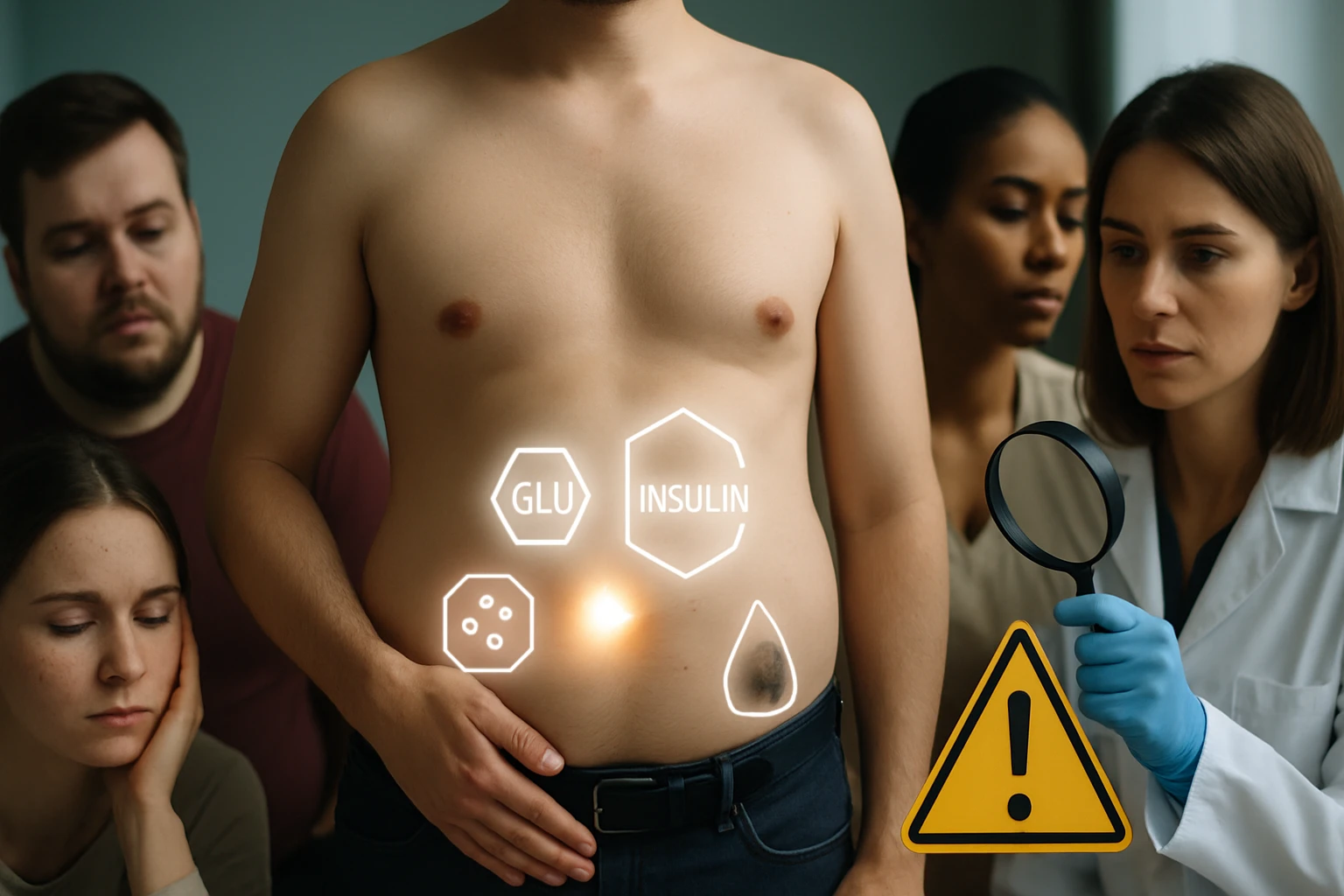 Egy férfi hasán glükóz és inzulin szimbólumok láthatók, miközben orvosok figyelik.