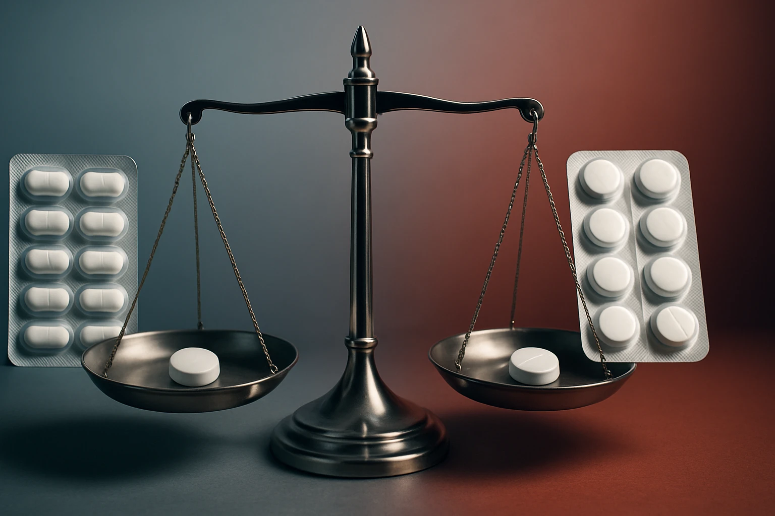 Egy mérleg, amelyen fehér tabletták állnak, bal oldalon blisztercsomagolásban.