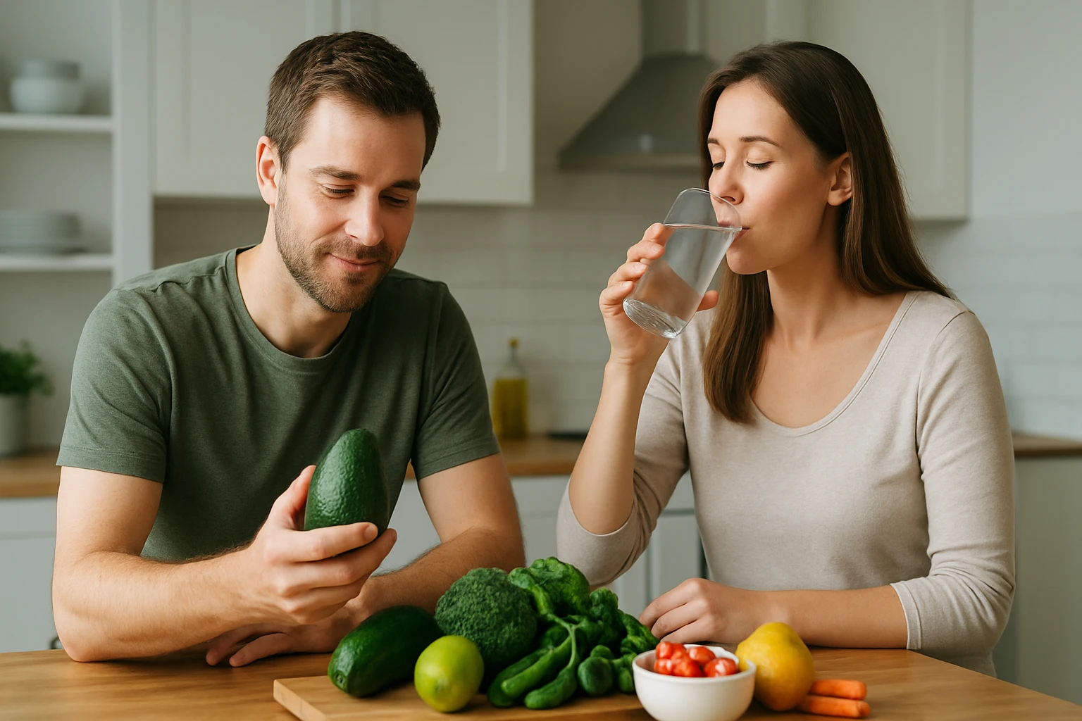 Két fiatal felnőtt zöldségeket néz a konyhában, az egyik vízet iszik.
