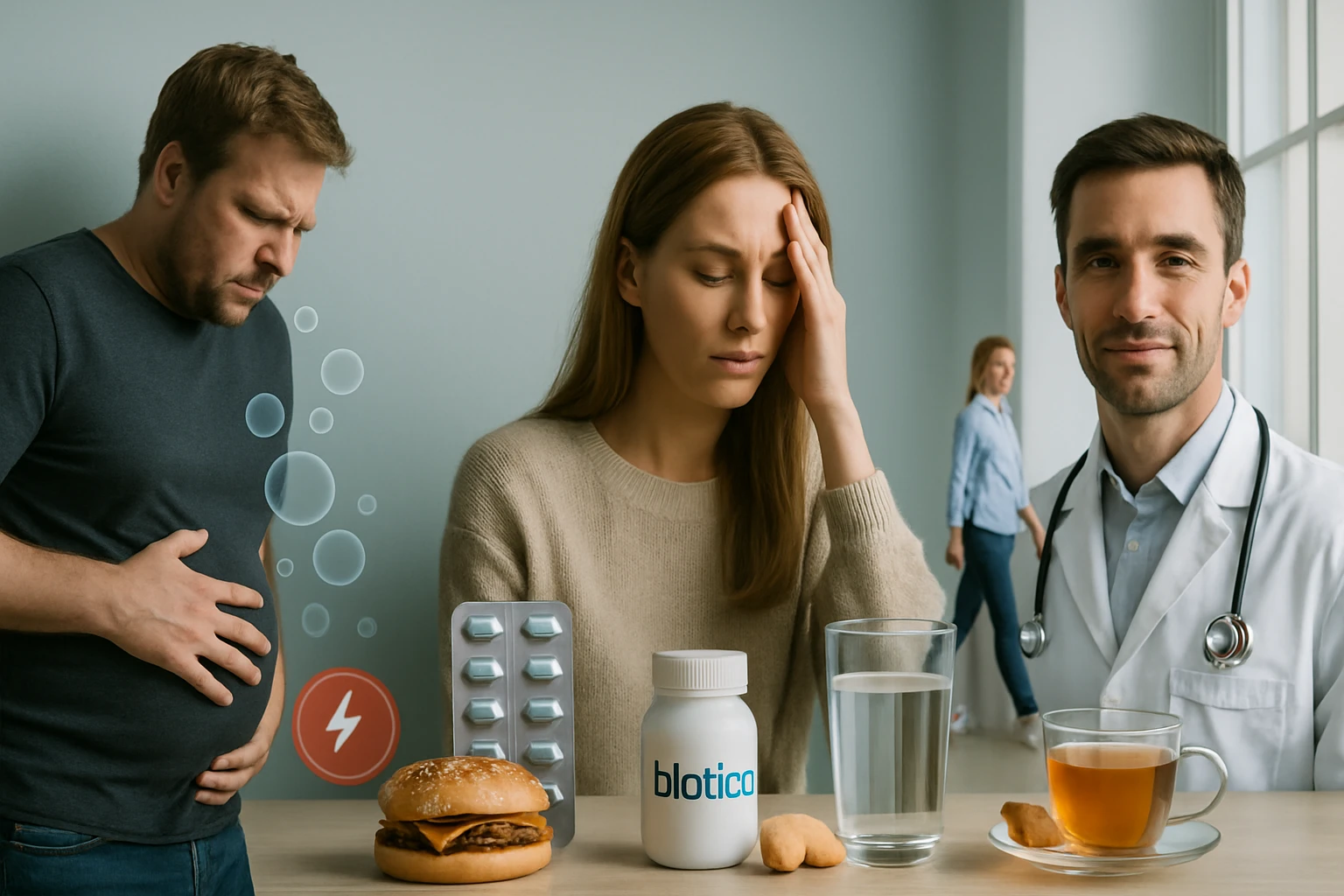 Egy nő fejfájással és egy férfi hasi fájdalommal küzd, mellettük orvos és gyógyszerek.