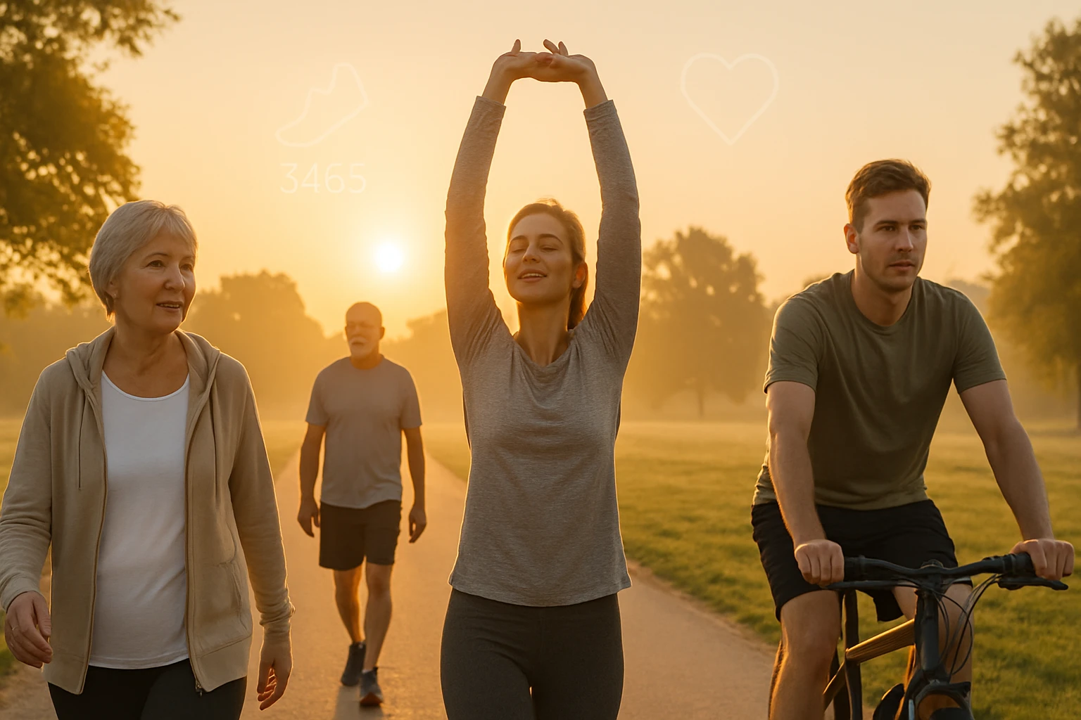 Négy ember sportol a napfelkeltében, egészséges életmódot képviselve.