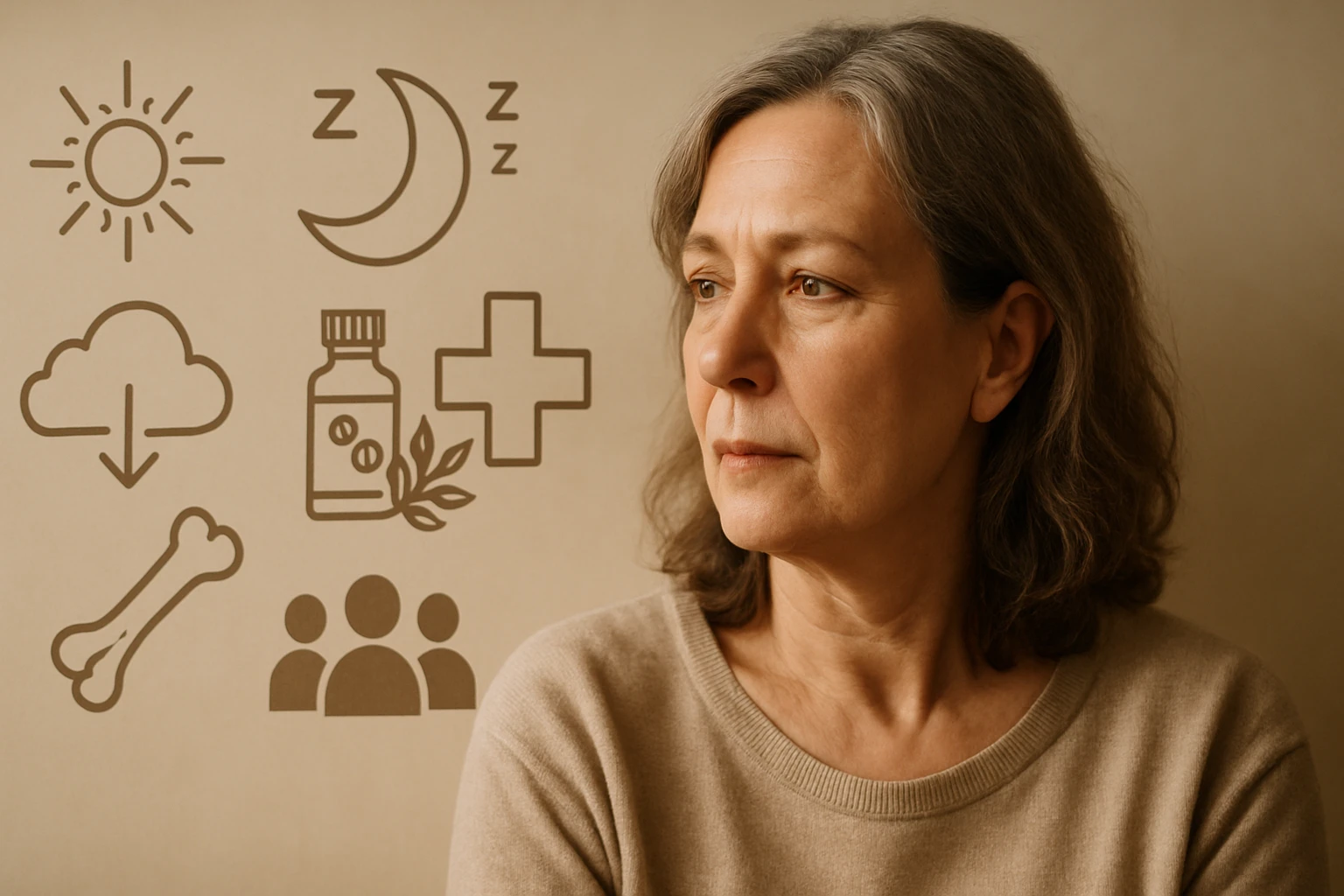 Egy középkorú nő gondolkodik, mögötte egészséggel kapcsolatos ikonok láthatók.