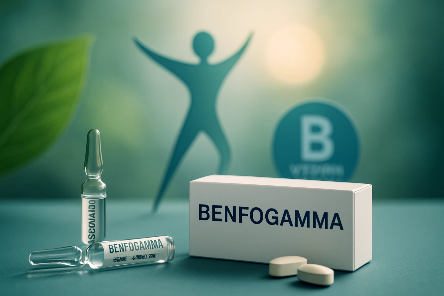 Benfogamma gyógyszer ampullái és tablettái zöld háttér előtt.