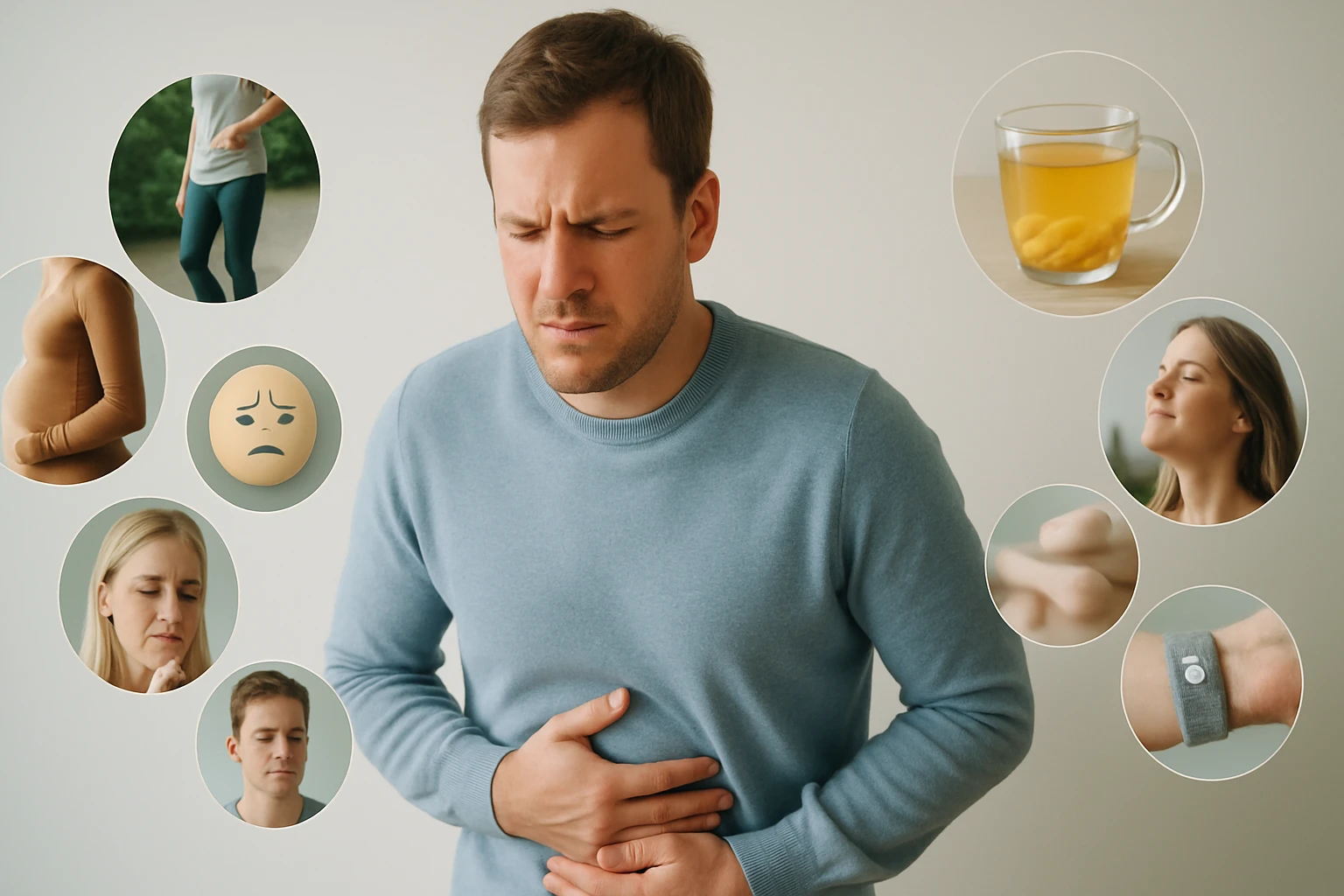 Férfi hasfájással küzd, körülötte egészséges életmódot szimbolizáló képek.