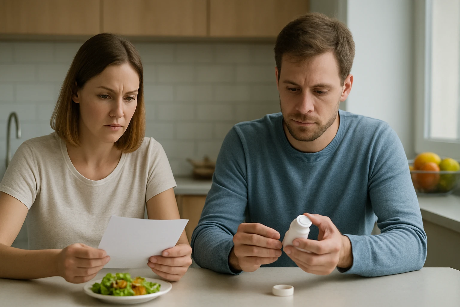 Egy pár ül egy asztalnál, az egyikük gyógyszert, a másikuk papírt néz.