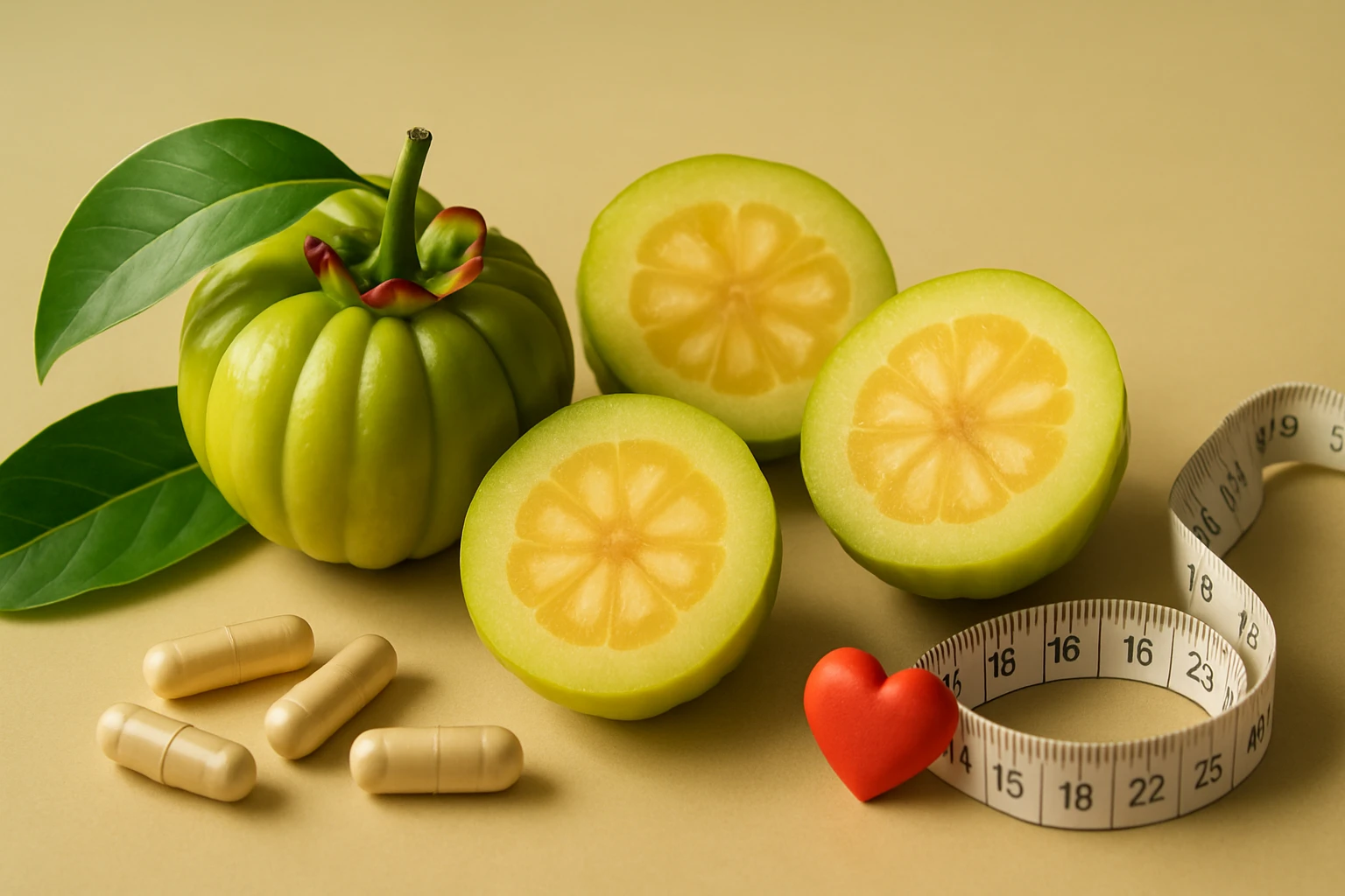Zöld gyümölcs, félbevágva, étrend-kiegészítők és mérőszalag mellett.