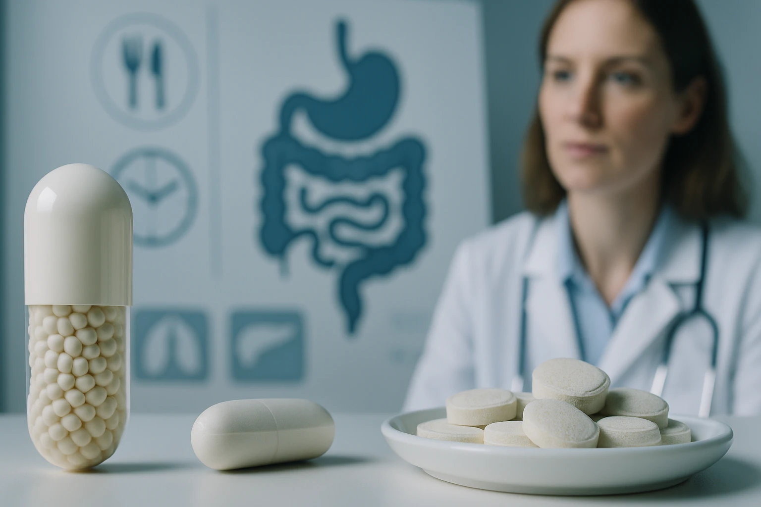 Egy orvos a háttérben, különböző étrend-kiegészítők egy asztalon.