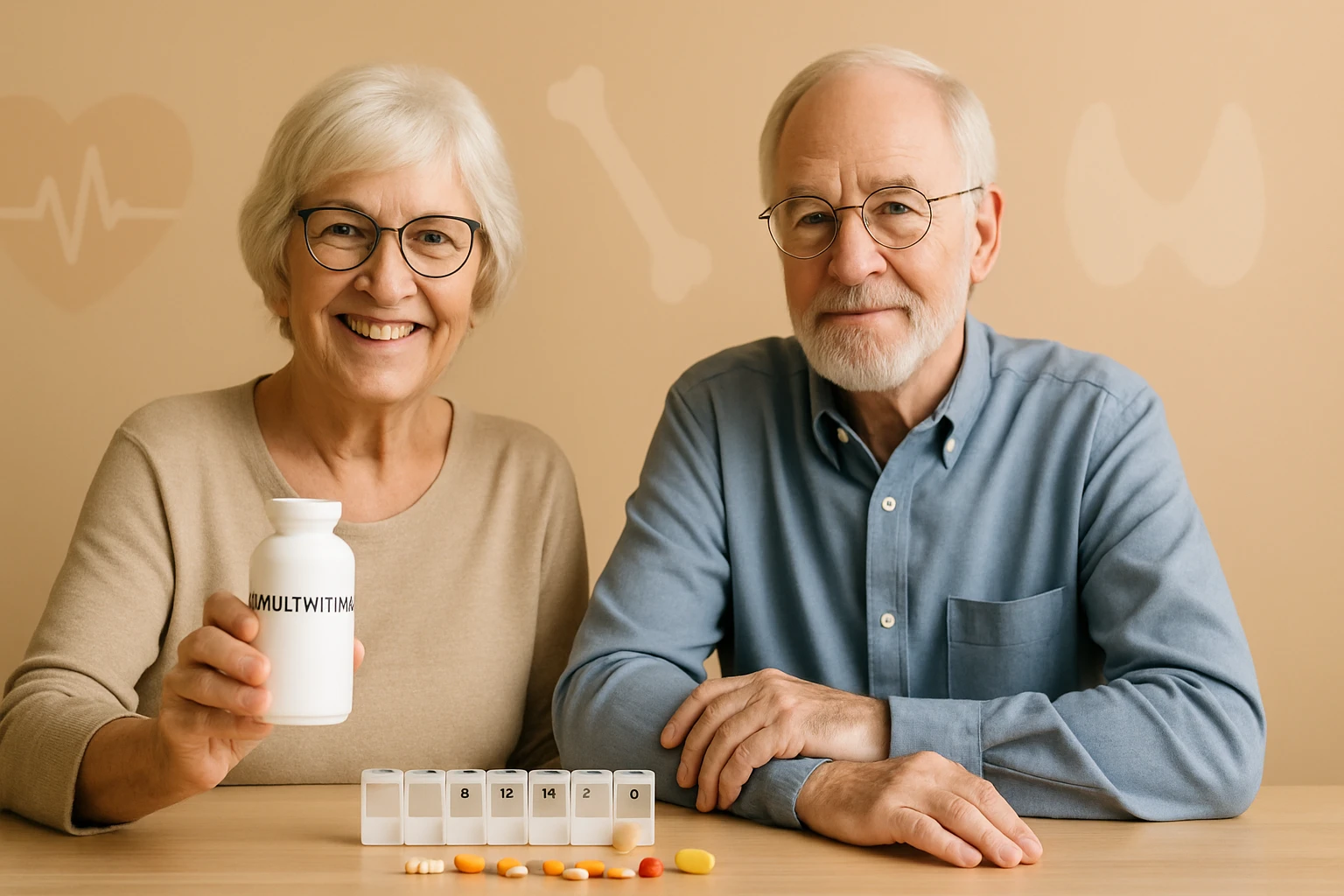 Idős pár mosolyogva ül egy asztalnál, vitaminokat és gyógyszereket mutatva.