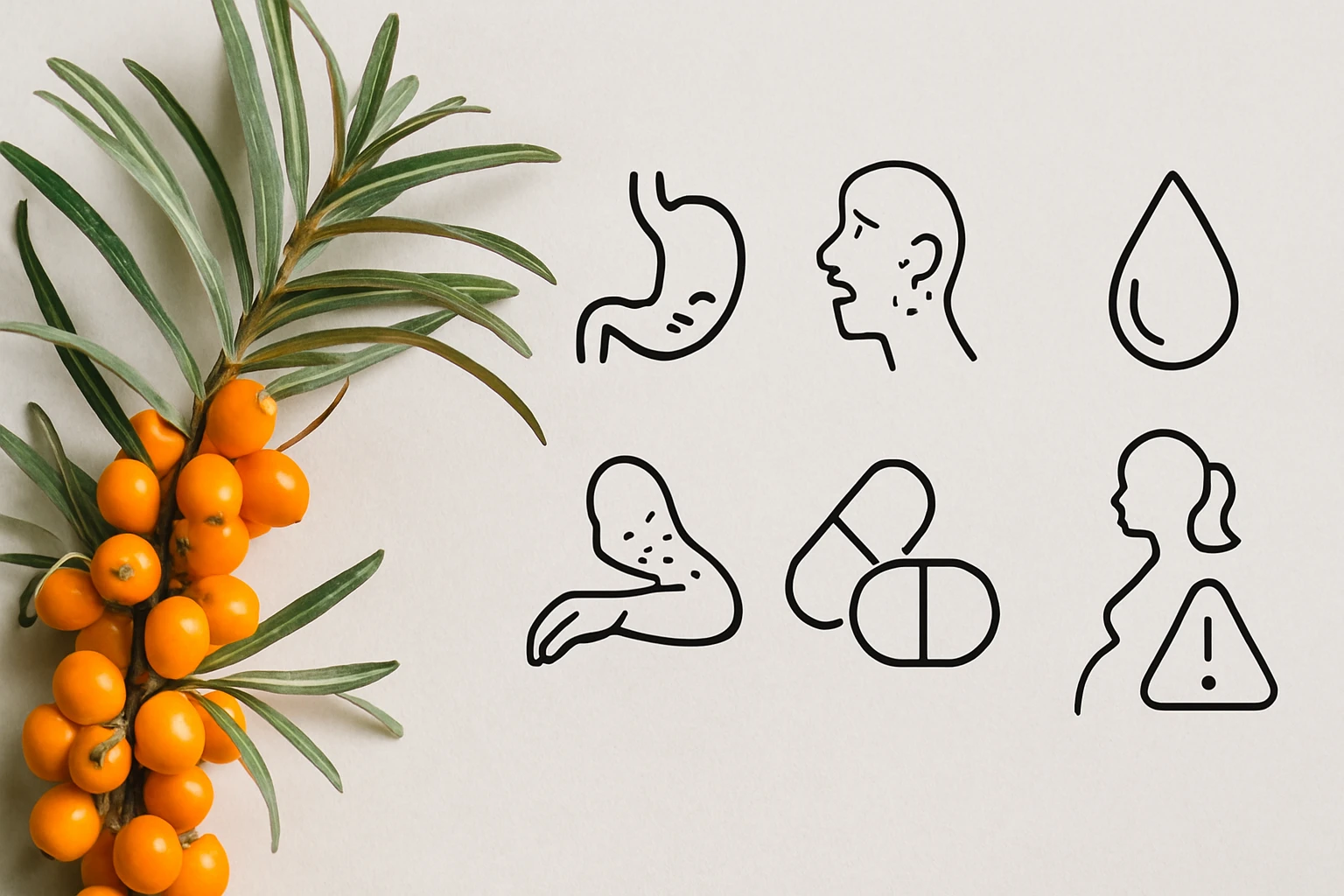 Egy ága zöld levelekkel és sárga bogyókkal, mellette egészségügyi ikonok.