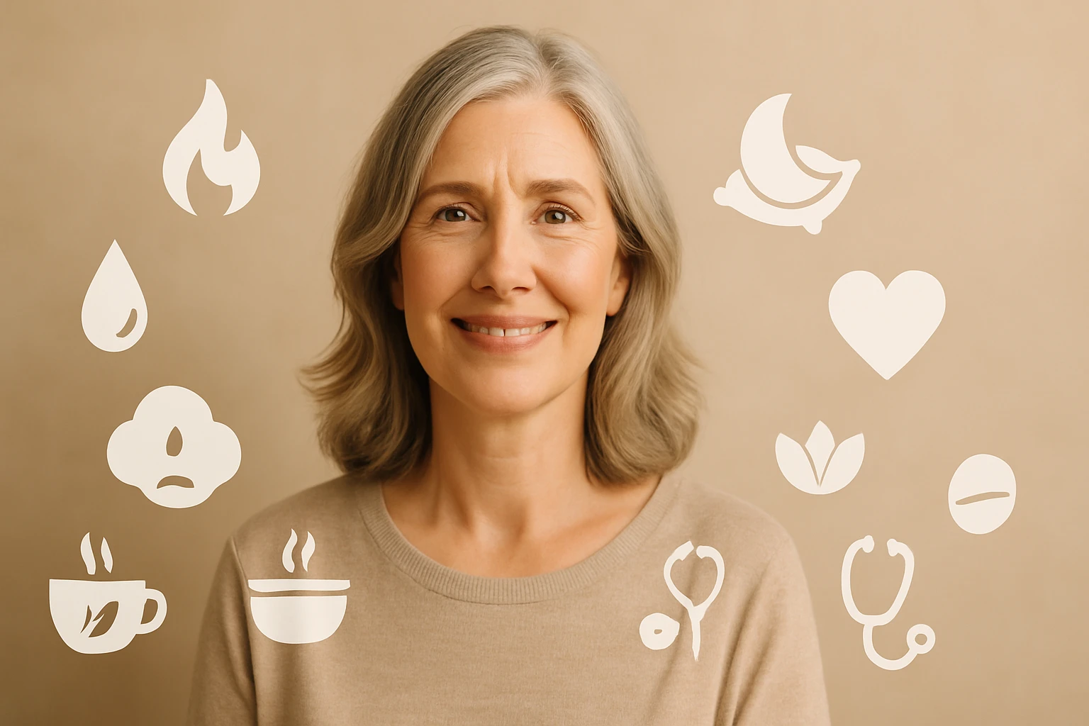 Egy mosolygó nő, akit egészséges életmóddal kapcsolatos ikonok vesznek körül.