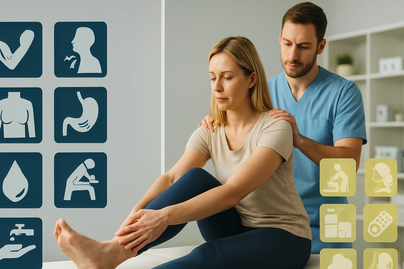 Egy nő ül egy kezelőágyon, míg egy férfi szakember segít neki a lábával.