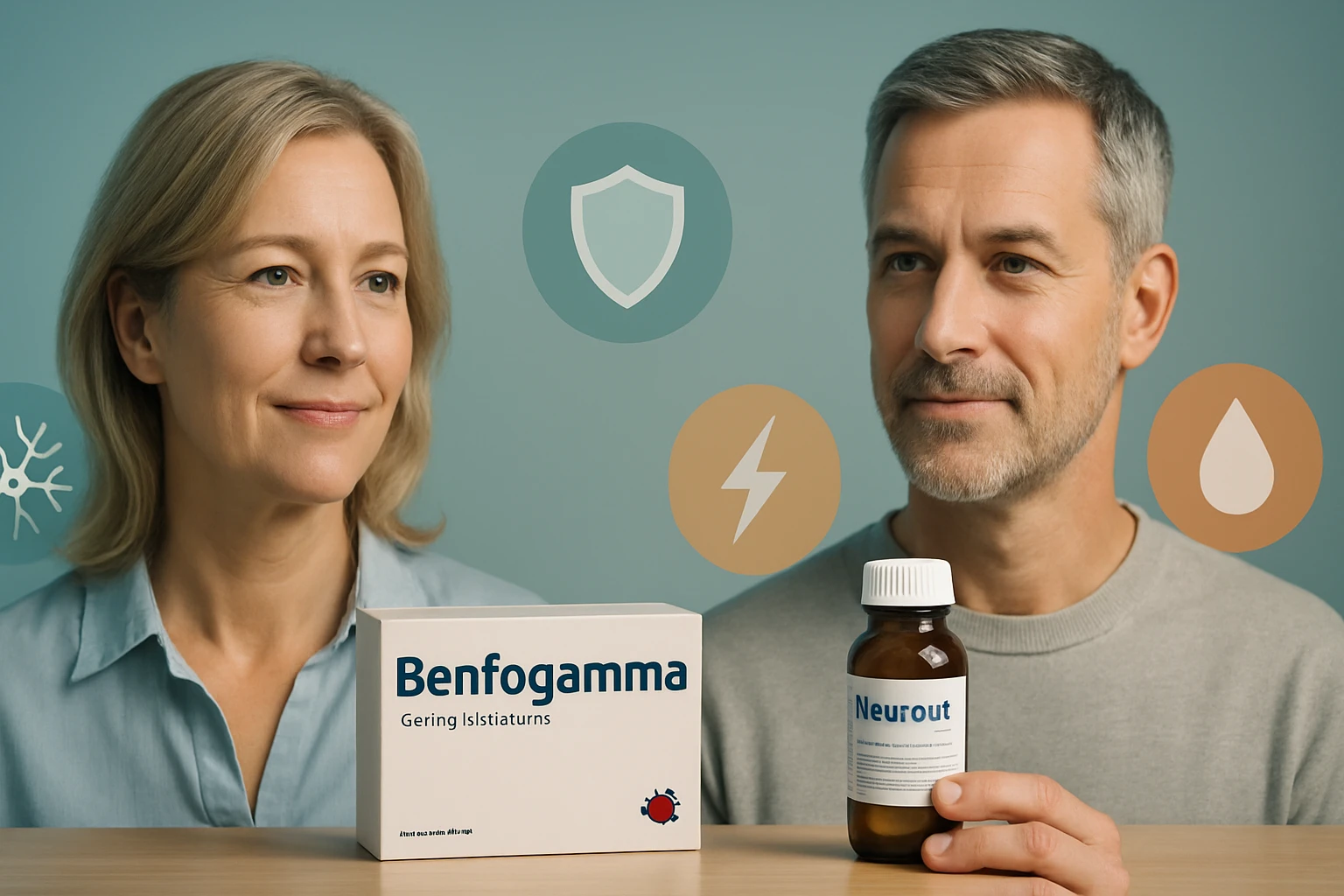 Két felnőtt, egy nő és egy férfi, egészségügyi termékekkel a kezükben.