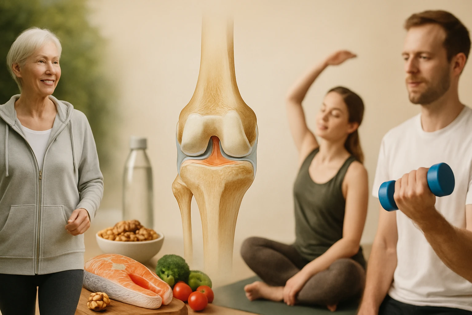 Egy idős nő mosolyogva sétál, miközben egészséges ételek és edzés látható a háttérben.