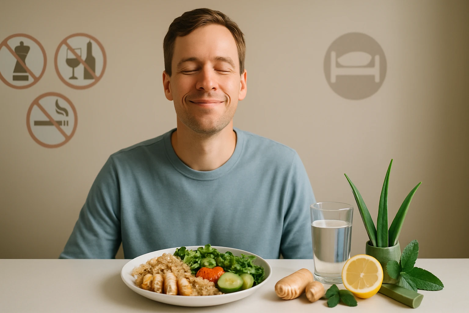 Egy férfi elégedetten néz egy tányér egészséges ételre, mellette víz és citrom.