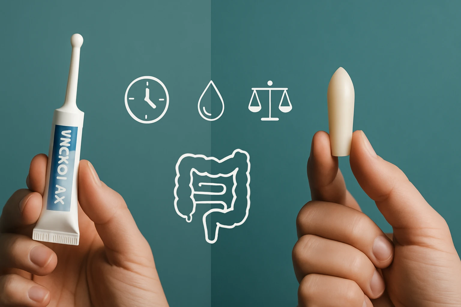 Két kézben egy egészségügyi termék és egy anális kúp látható, háttérben ikonokkal.
