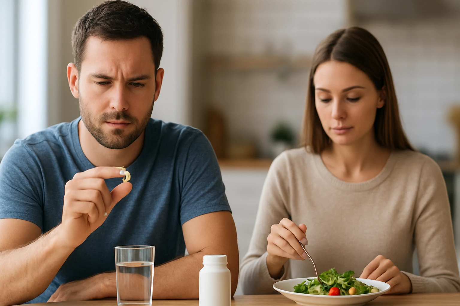 Egy férfi vitamin kapszulát néz, míg a nő salátát eszik mellette.