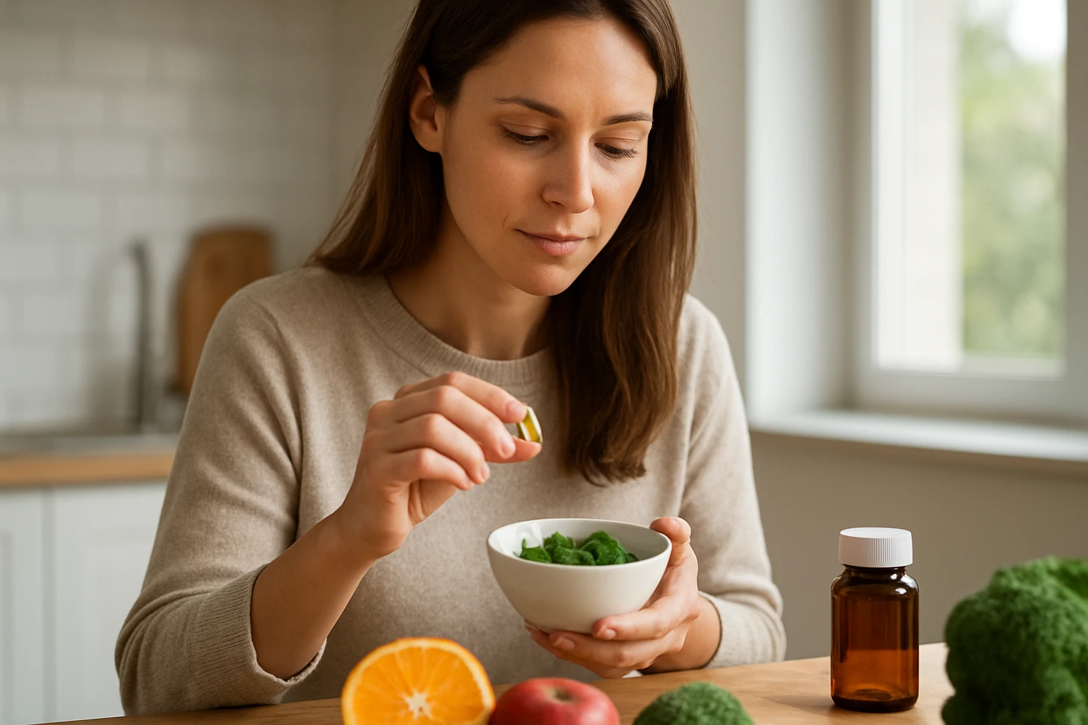 Egy nő zöld salátát eszik, miközben vitaminokat szed.