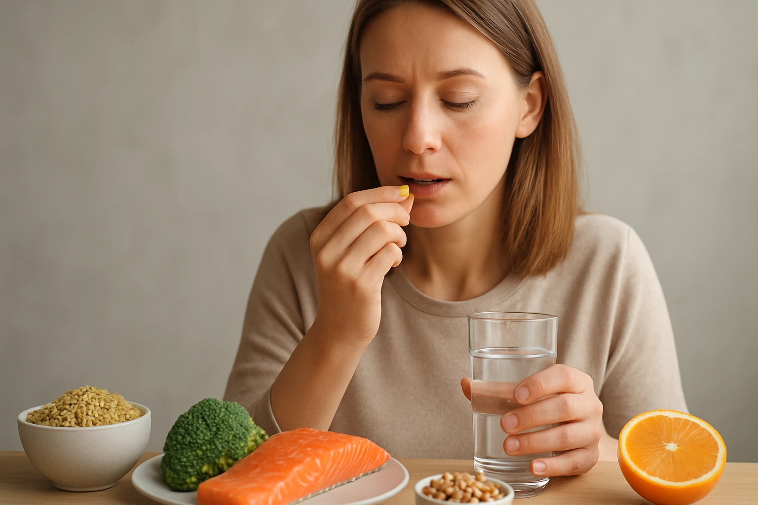Egy nő vitamin tablettát vesz be, miközben egészséges ételek körül ül.