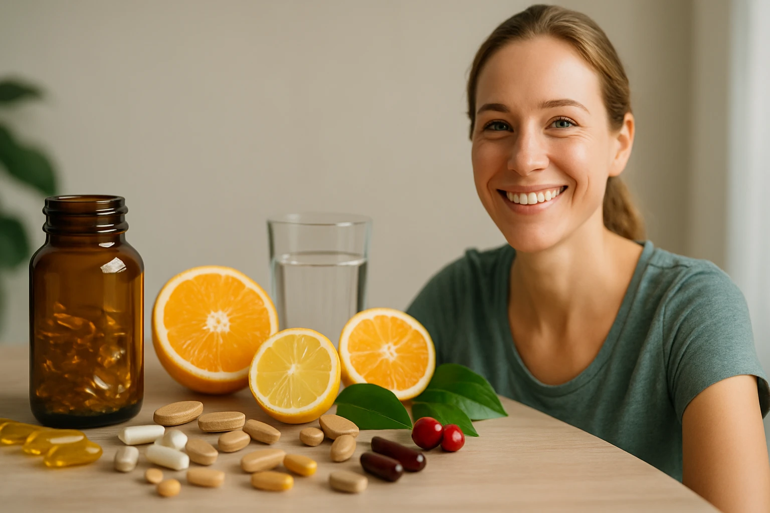 Egy fiatal nő mosolyog, vitaminok és friss gyümölcsök között ülve.