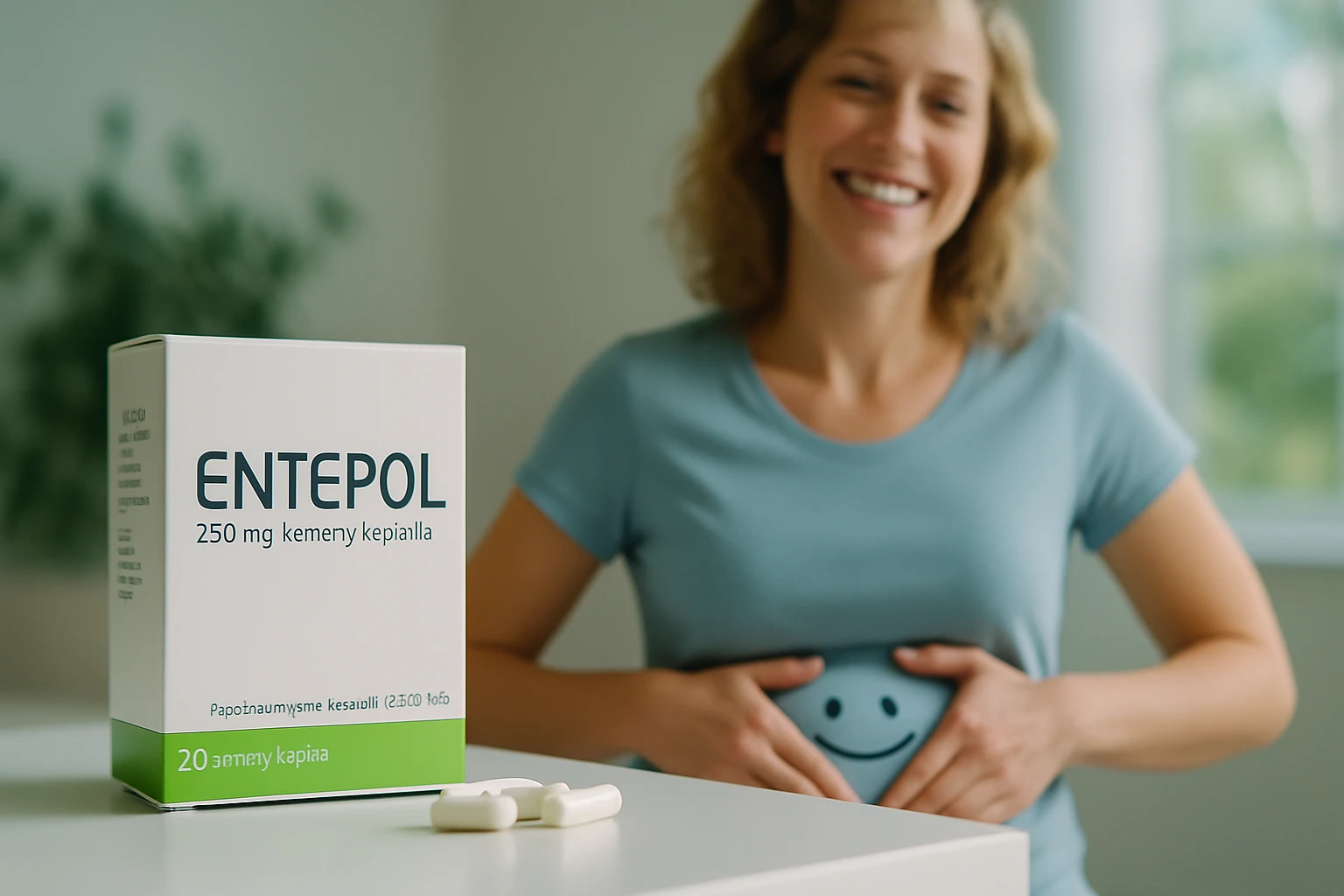 Egy nő mosolyogva tartja a hasát, mellette egy ENTEPOL doboz látható.