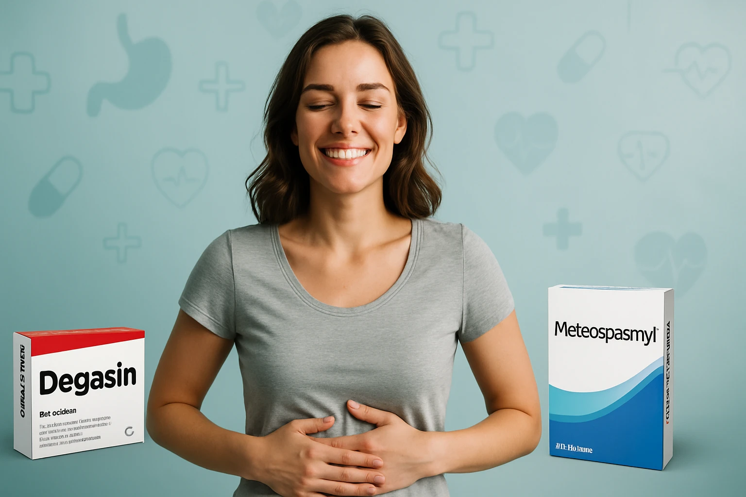 Egy mosolygó nő, aki a hasát simogatja, gyógyszerek mellett áll.