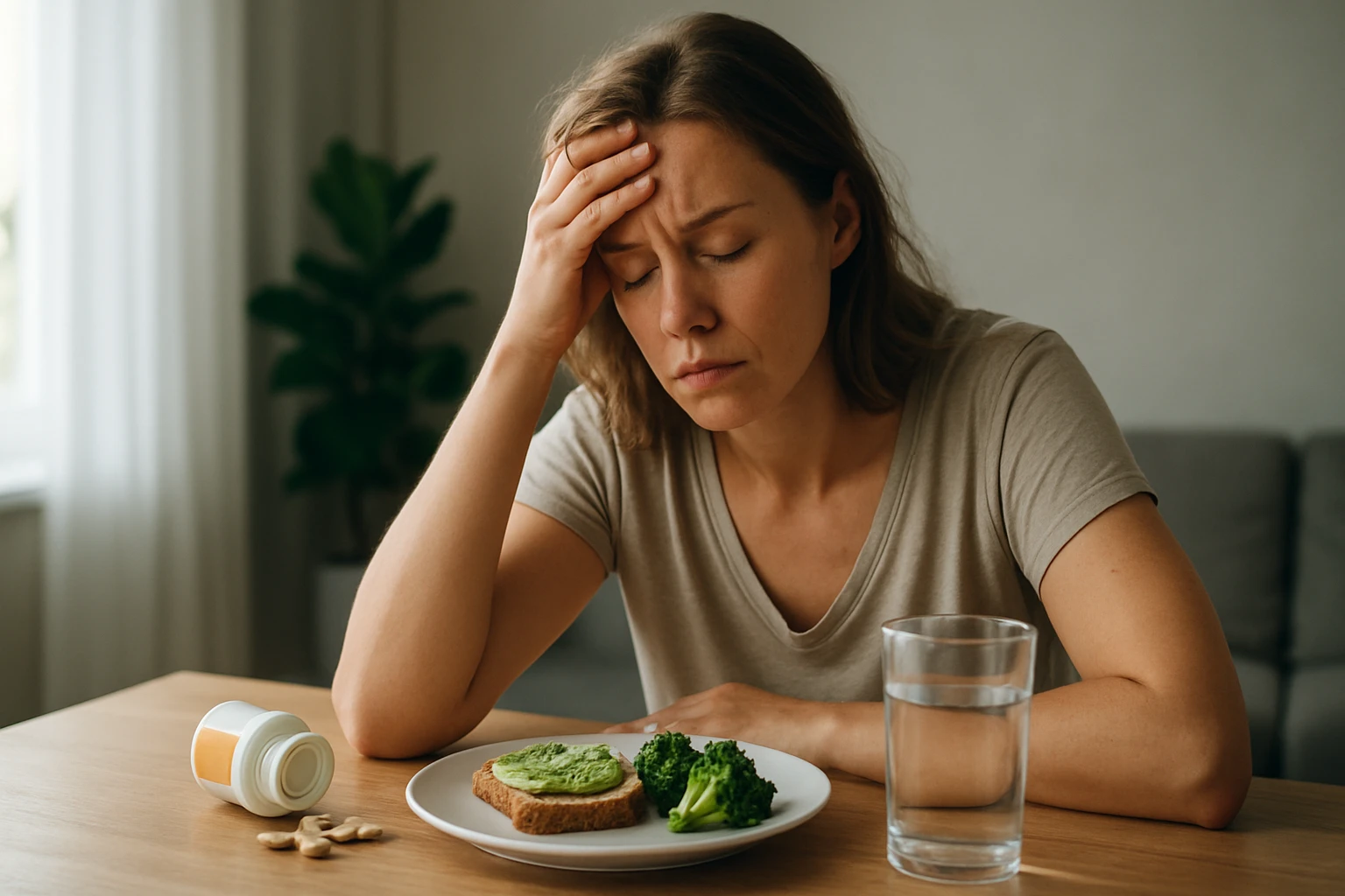 Egy nő szomorúan nézi az egészséges ételt, miközben fejfájás gyötri.