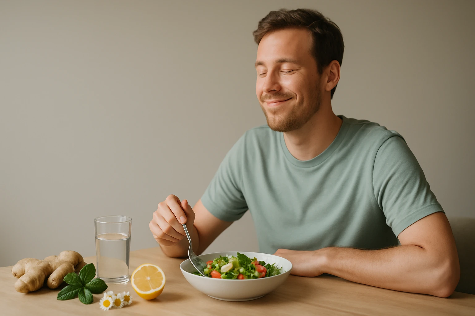 Egy fiatal férfi boldogan eszik salátát egy asztalnál, mellette víz és citrom.