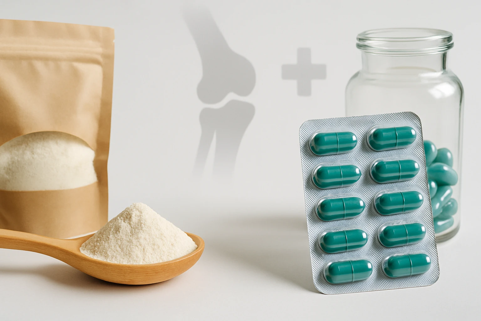 Egy fakanálban fehér por, zöld kapszulák és üveg edény látható.