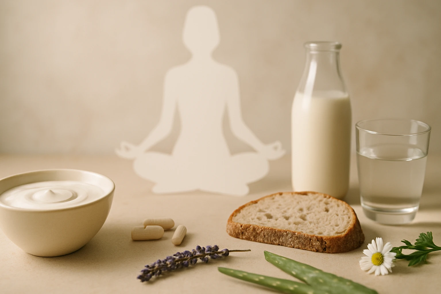 Egészséges életmódot tükröző ételek: joghurt, kenyér, tej, víz és gyógynövények.