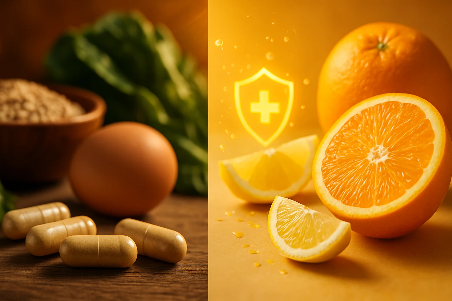 Egy tojás, zöld leveles zöldség, gabona és étrend-kiegészítők egy asztalon.