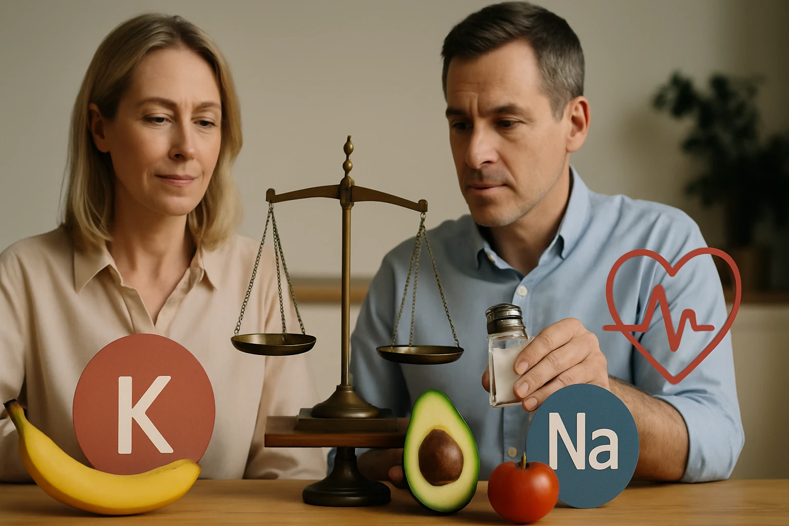 Két ember egy mérleggel és egészséges ételekkel, mint banán, avokádó és paradicsom.