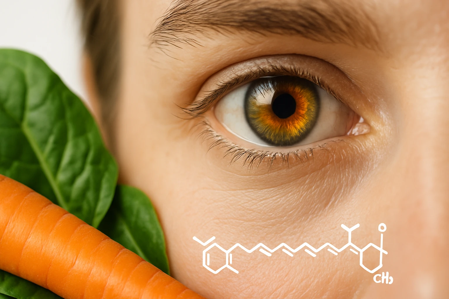 Egy fiatal ember szeme, mellette friss spenót és sárgarépa látható.