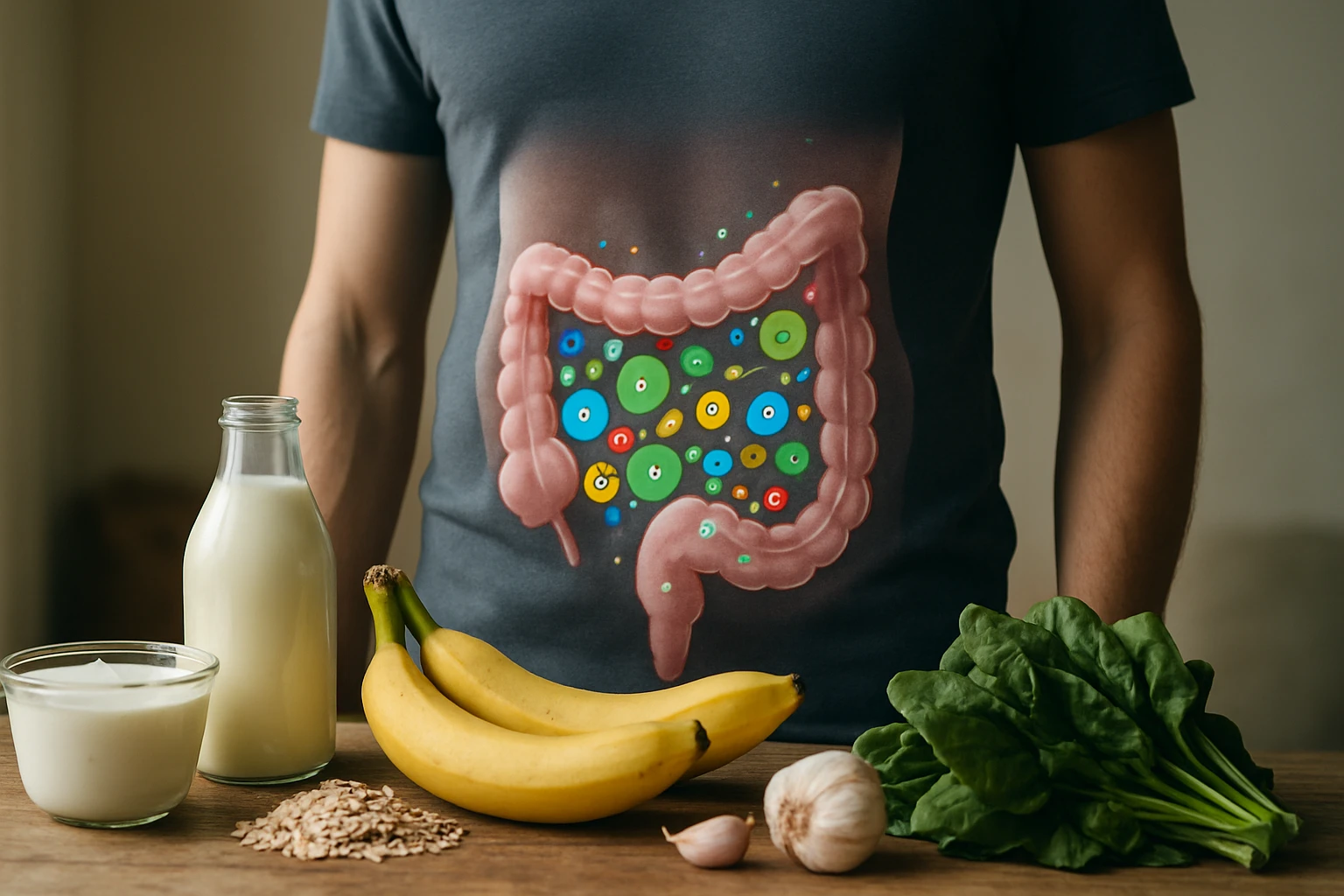 Egy férfi pólóján a bélrendszer grafikája látható, mellette egészséges ételek.
