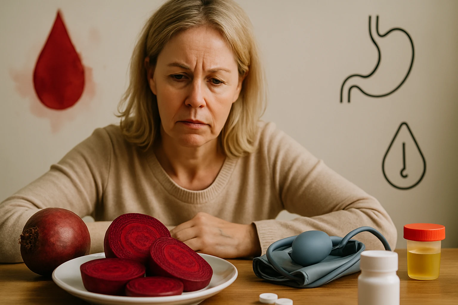 Egy nő szomorúan néz egy tányér céklára és egy gránátalmára, egészségügyi eszközök mellett.