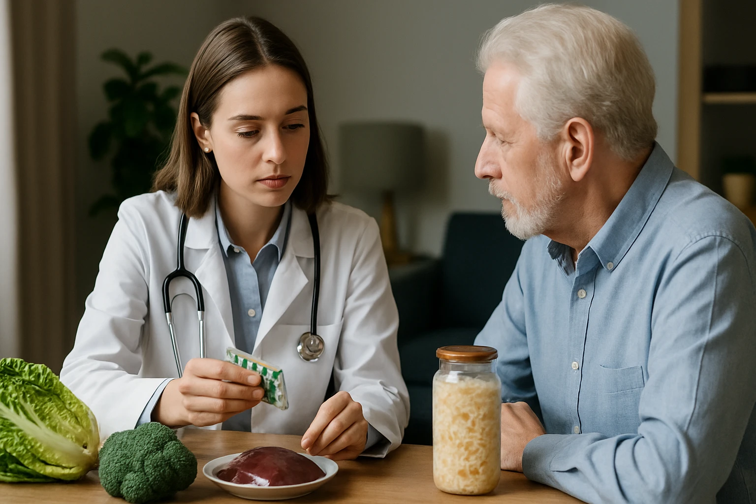 Egy orvos és egy idős férfi beszélgetnek az egészséges táplálkozásról.