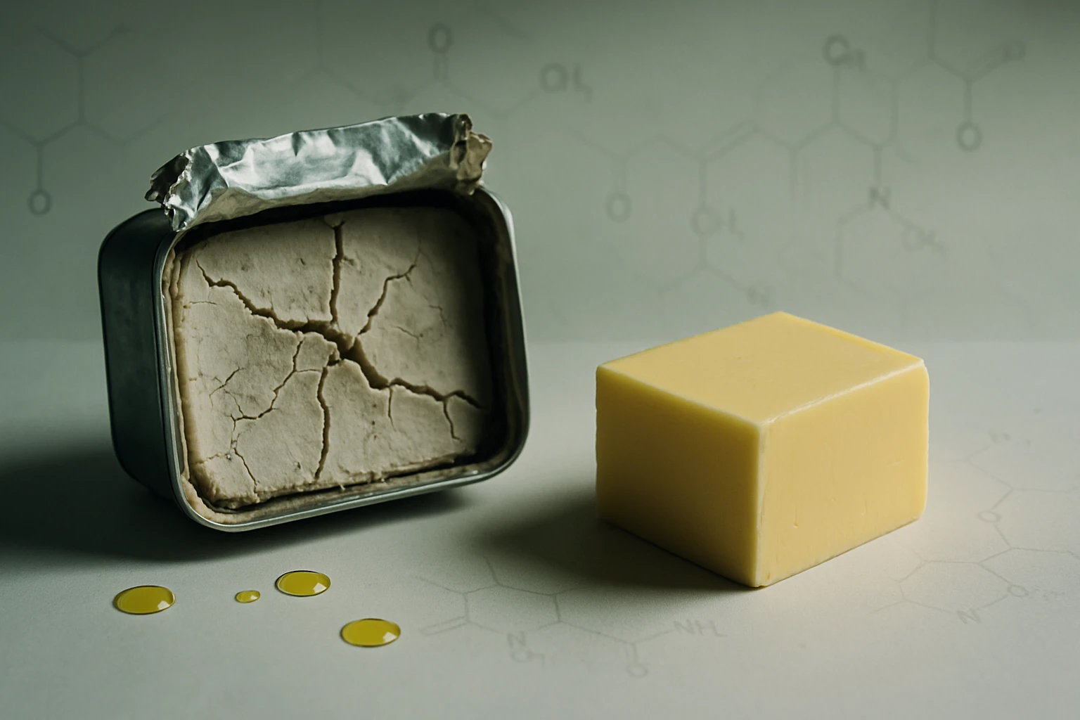 Egy bontatlan doboz és egy kocka vaj, olajcseppekkel a háttérben.