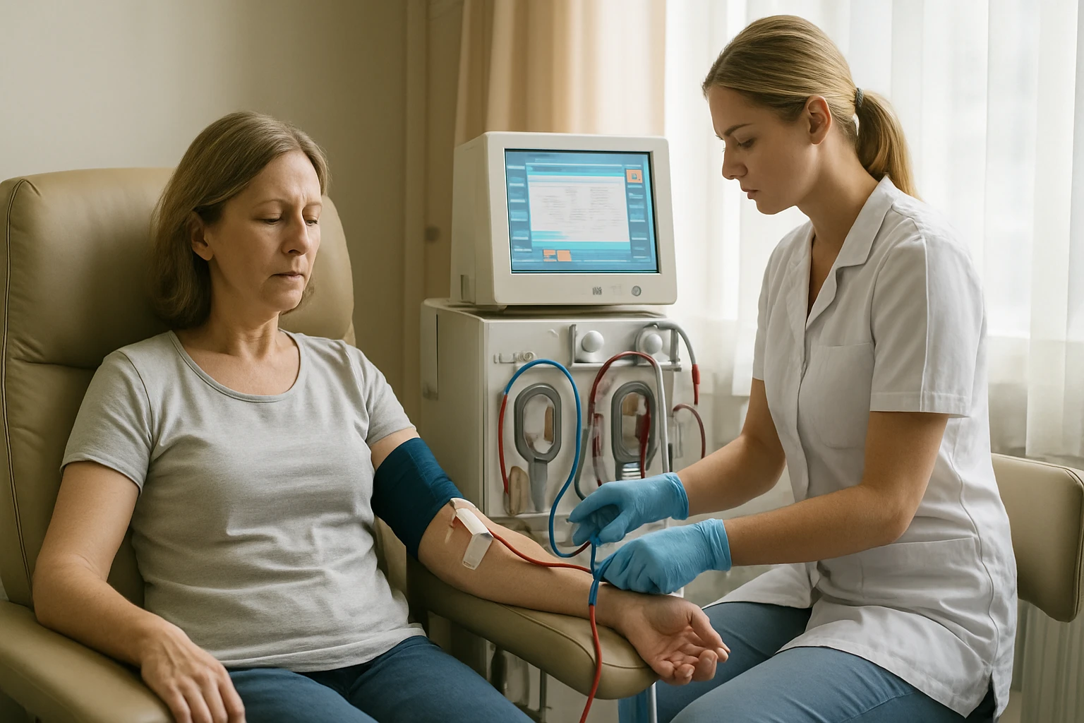 Egy nő ül egy székben, miközben egy egészségügyi dolgozó vérnyomást mér rajta.