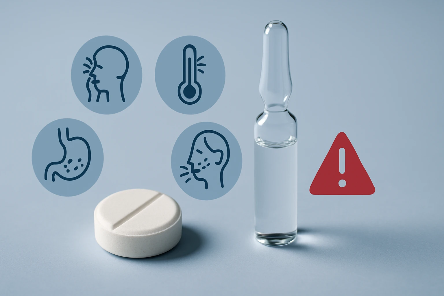 Egy fehér tabletta és egy ampulla, körülöttük egészségügyi szimbólumok.