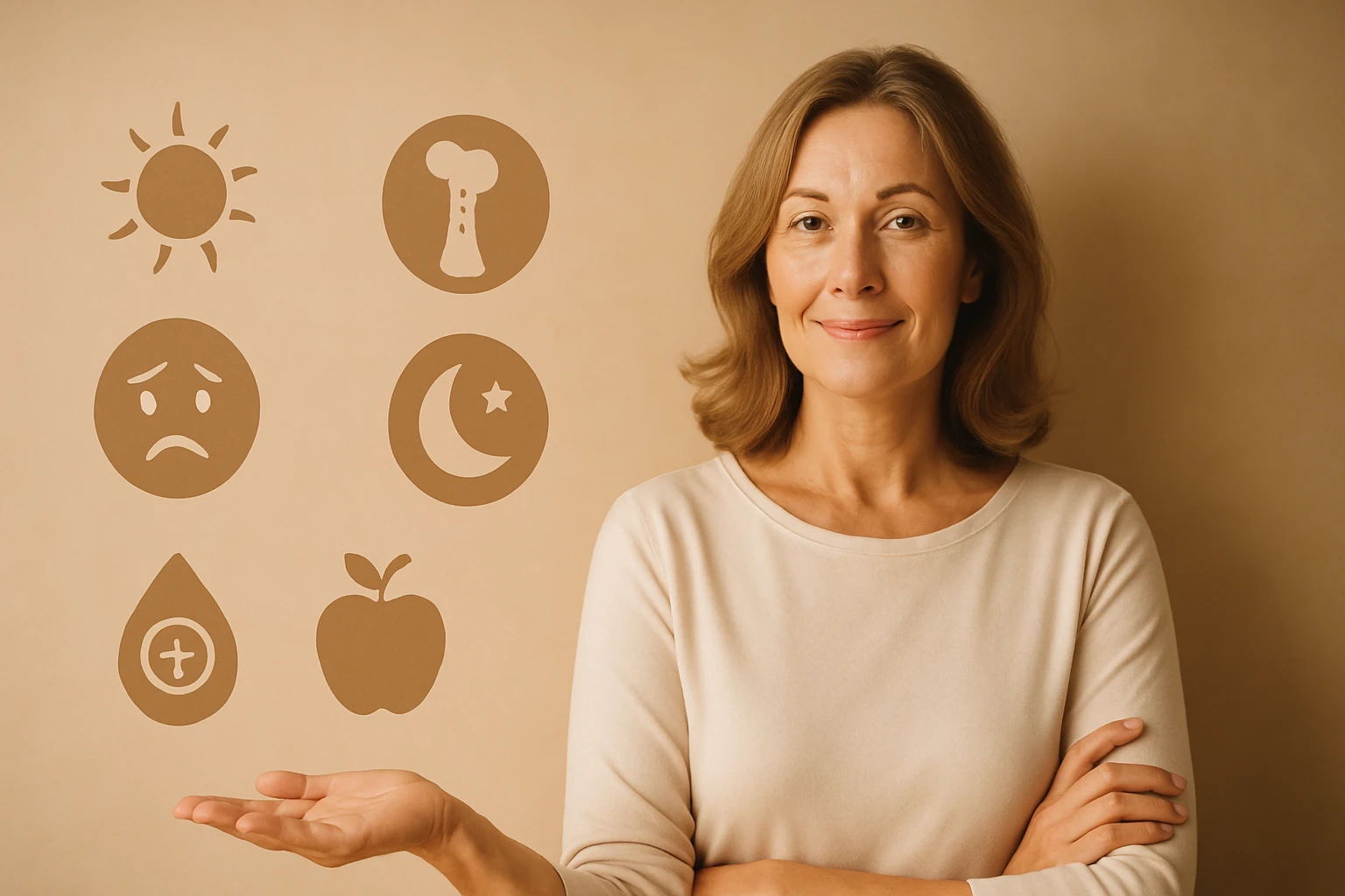 Egy mosolygó nő, aki a kezével különböző szimbólumokat mutat be.