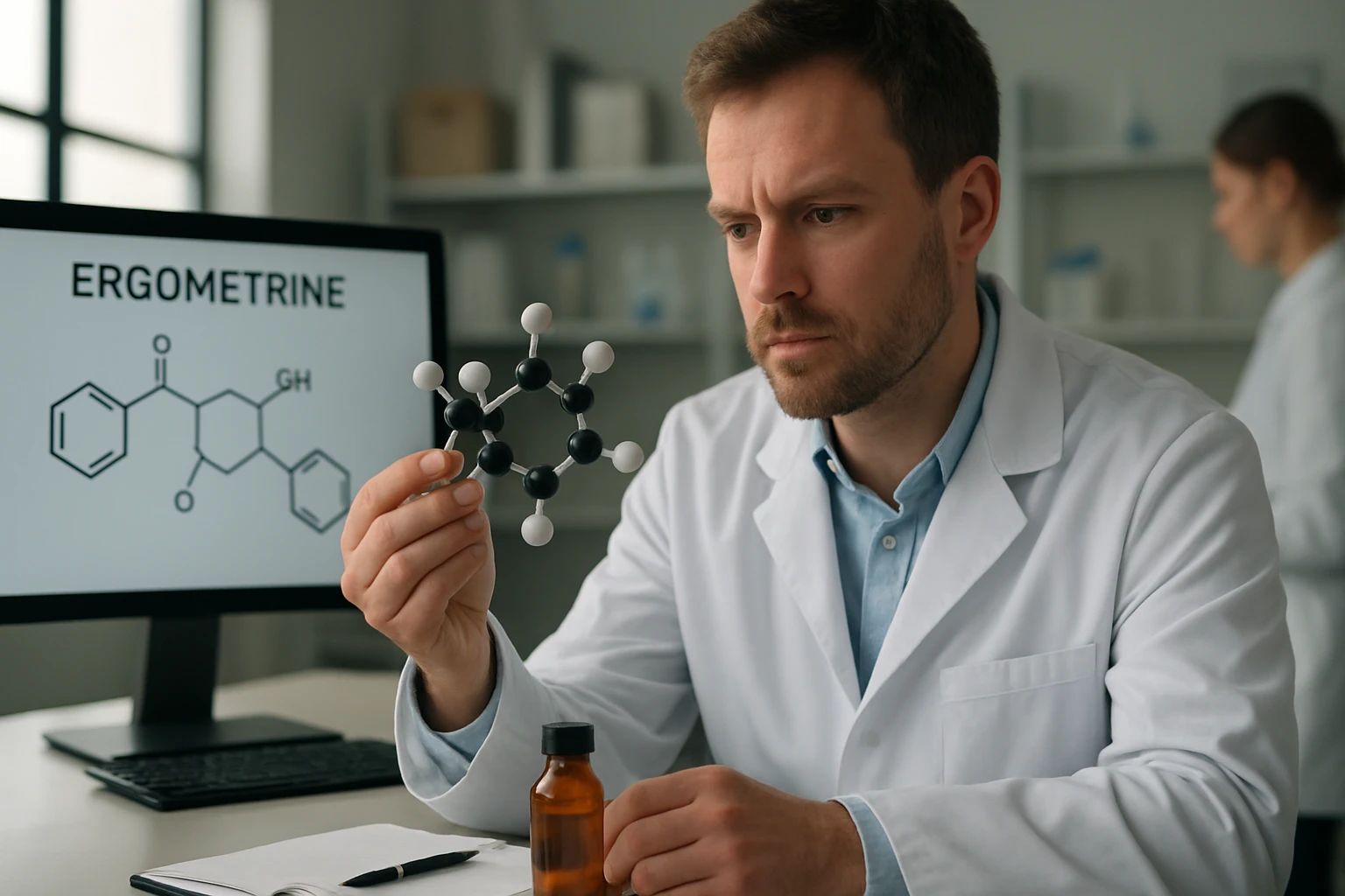 Egy férfi fehér köpenyben, ergometrin molekulát vizsgálva, laboratóriumban.