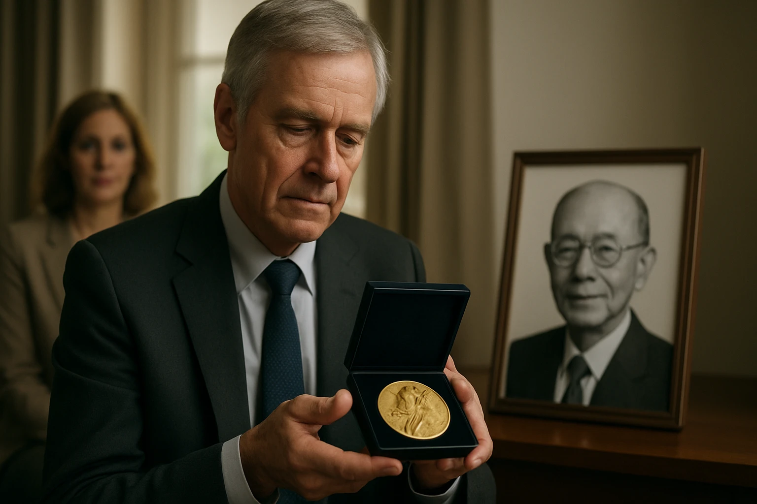 Egy férfi egy aranyérmet tart a kezében, mellette egy nő ül.