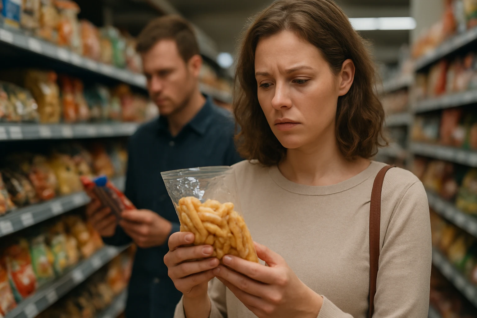 Egy nő a boltban, aggódva nézi a kezében tartott snack csomagolását.