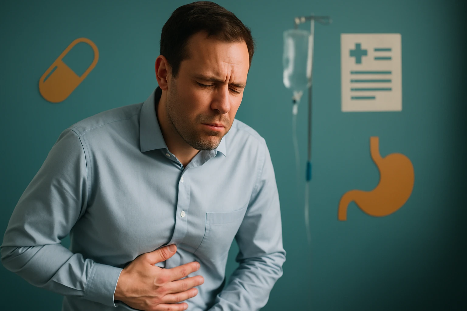 Egy férfi fájdalmas arccal, a hasát fogva ül egy kórházi szobában.