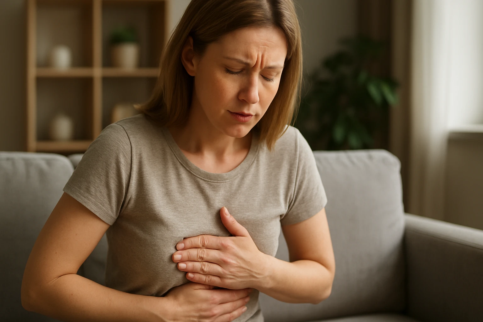 Egy nő fájdalmas arccal ül a kanapén, kezével a hasát fogja.