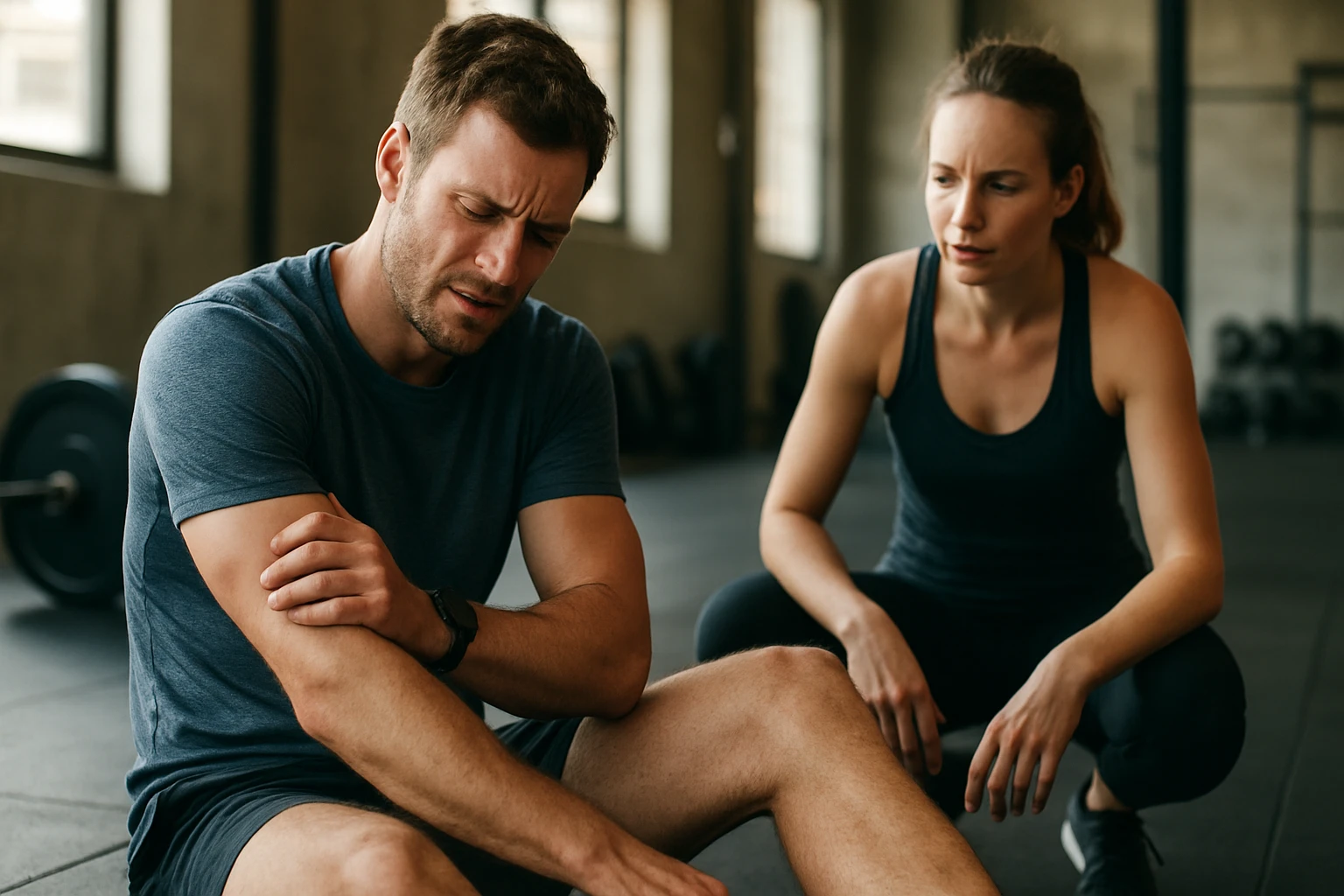 Egy férfi fájdalmas arccal ül a padlón, míg egy nő aggódva nézi őt.