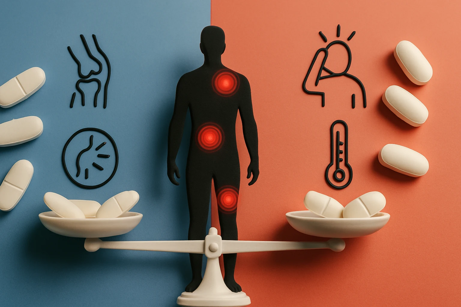 Egy emberi alak, fájdalomjelekkel, gyógyszerek és szimbólumok között.